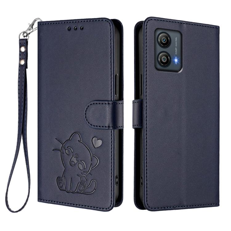 For Motorola Moto G53 5G / G13 4G Embossed Heart Cat Leather Phone Case with Hand Strap