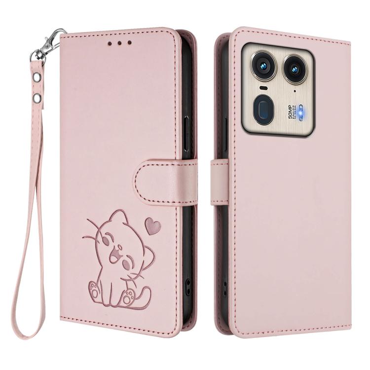 For Motorola Edge 50 Ultra 5G Embossed Heart Cat Leather Phone Case with Hand Strap