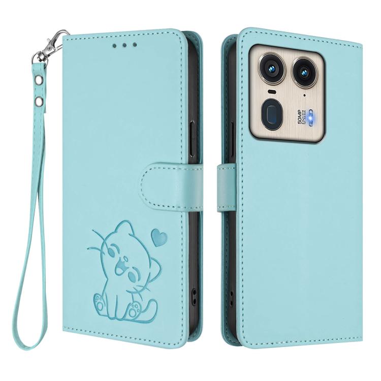 For Motorola Edge 50 Ultra 5G Embossed Heart Cat Leather Phone Case with Hand Strap