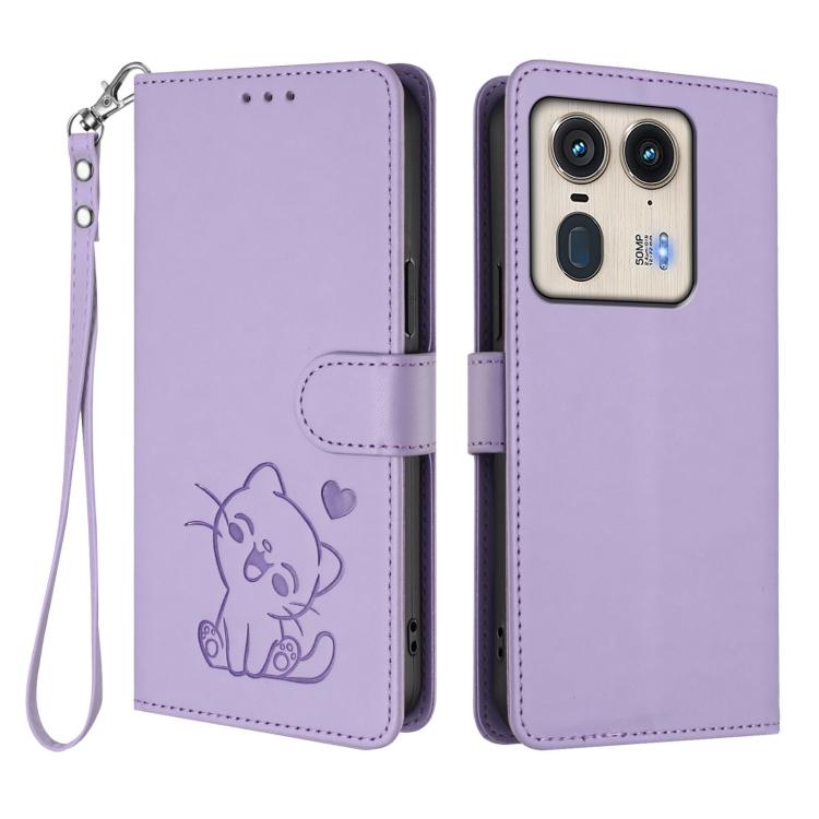 For Motorola Edge 50 Ultra 5G Embossed Heart Cat Leather Phone Case with Hand Strap