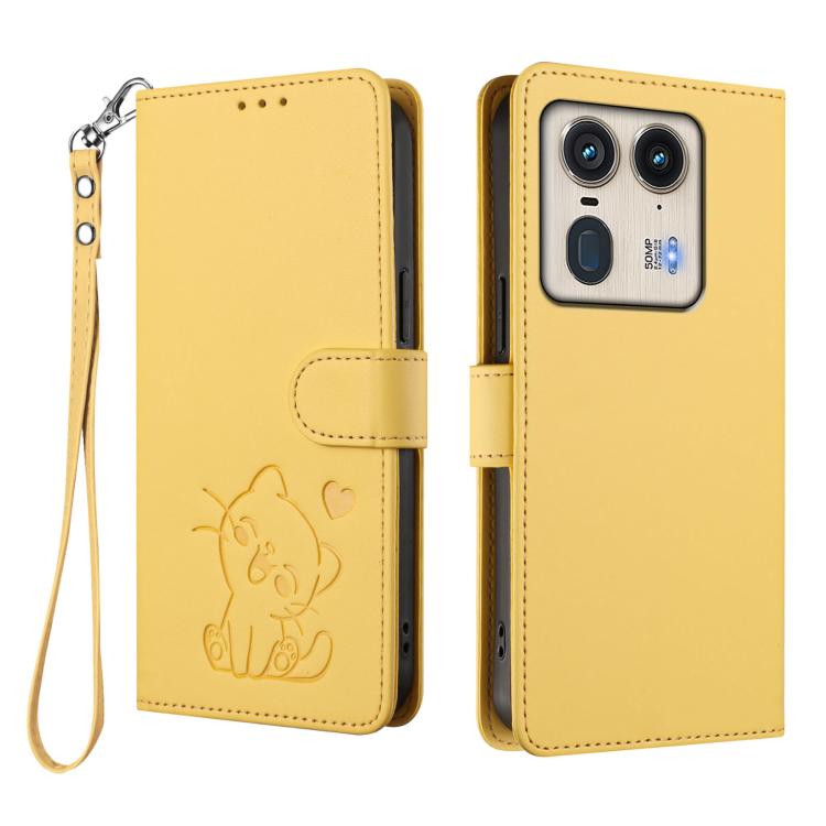 For Motorola Edge 50 Ultra 5G Embossed Heart Cat Leather Phone Case with Hand Strap