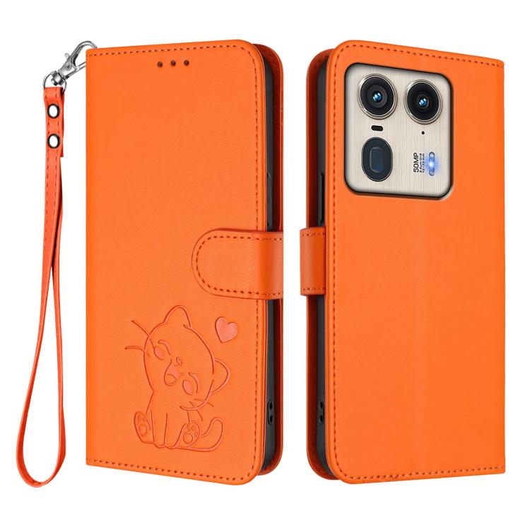 For Motorola Edge 50 Ultra 5G Embossed Heart Cat Leather Phone Case with Hand Strap