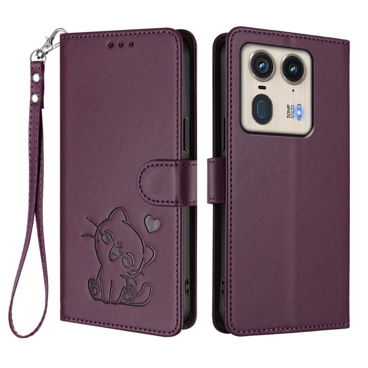 For Motorola Edge 50 Ultra 5G Embossed Heart Cat Leather Phone Case with Hand Strap