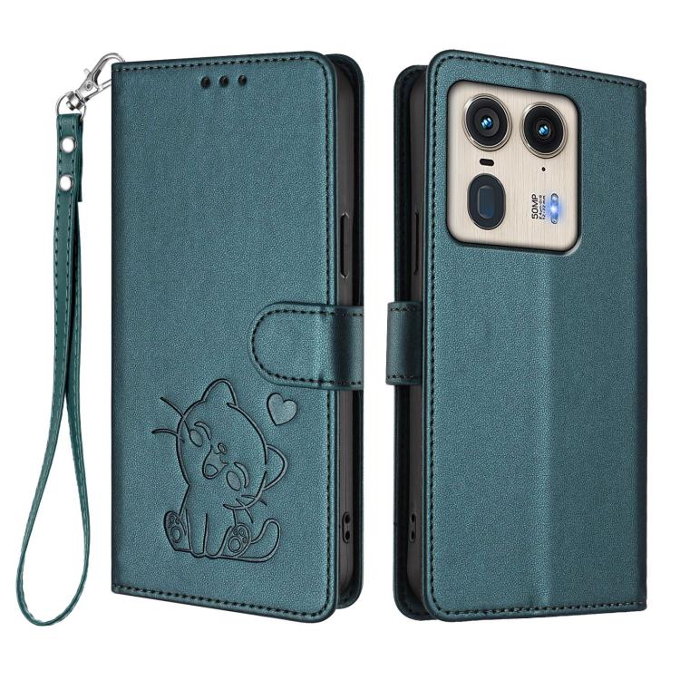 For Motorola Edge 50 Ultra 5G Embossed Heart Cat Leather Phone Case with Hand Strap