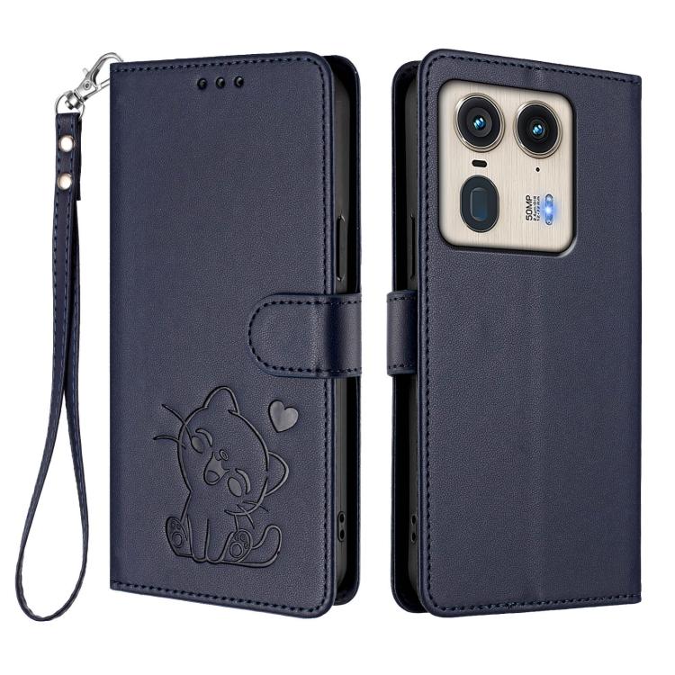 For Motorola Edge 50 Ultra 5G Embossed Heart Cat Leather Phone Case with Hand Strap