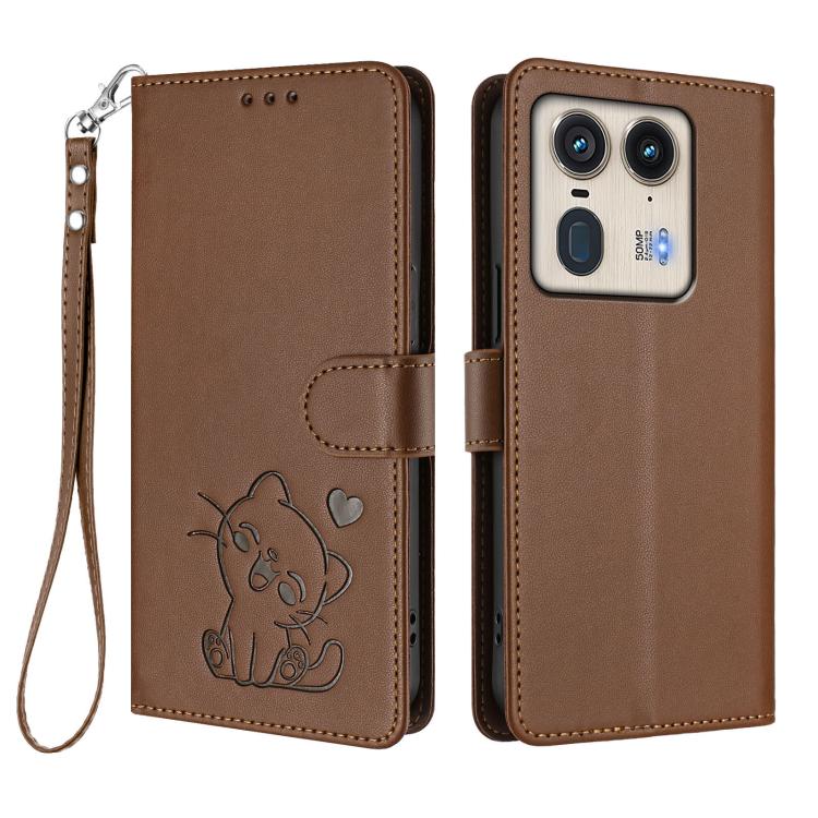 For Motorola Edge 50 Ultra 5G Embossed Heart Cat Leather Phone Case with Hand Strap