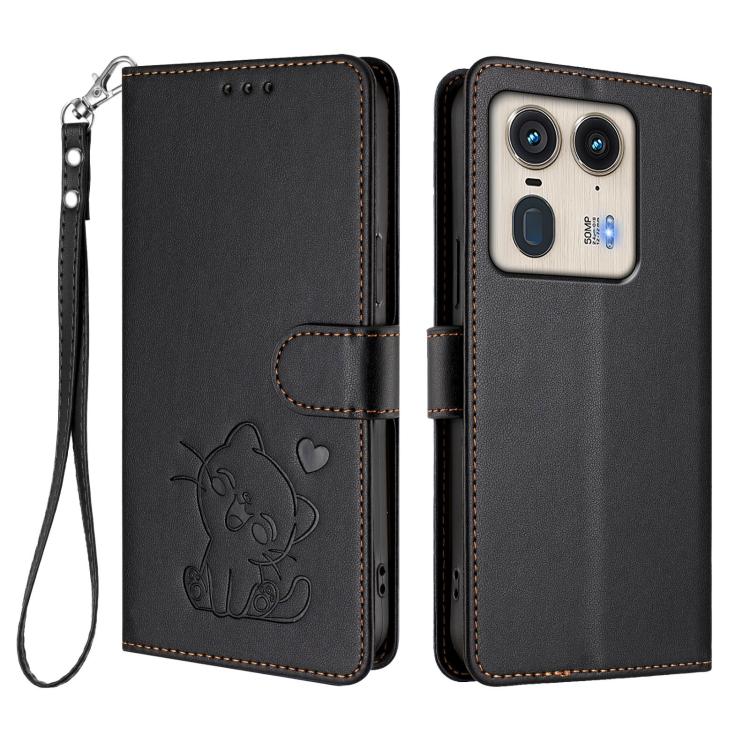 For Motorola Edge 50 Ultra 5G Embossed Heart Cat Leather Phone Case with Hand Strap
