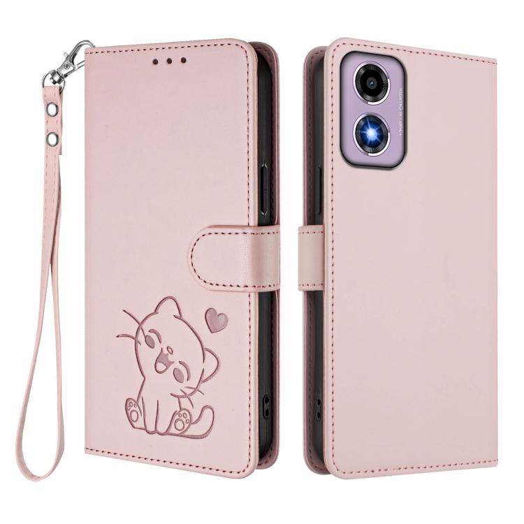 For Motorola Moto E14 4G / G04 4G Embossed Heart Cat Leather Phone Case with Hand Strap