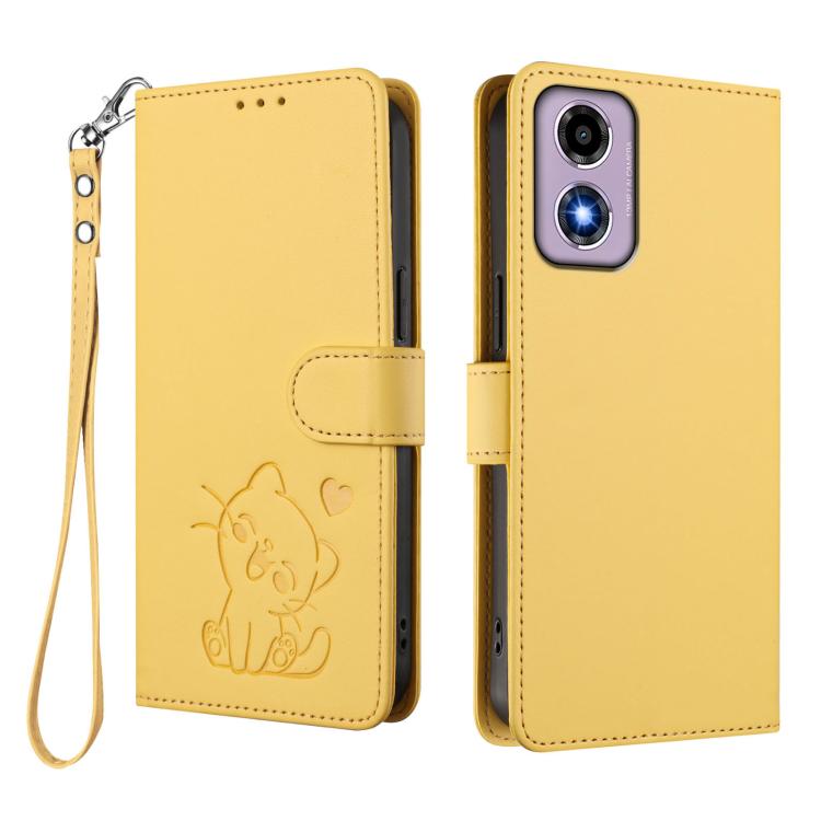 For Motorola Moto E14 4G / G04 4G Embossed Heart Cat Leather Phone Case with Hand Strap