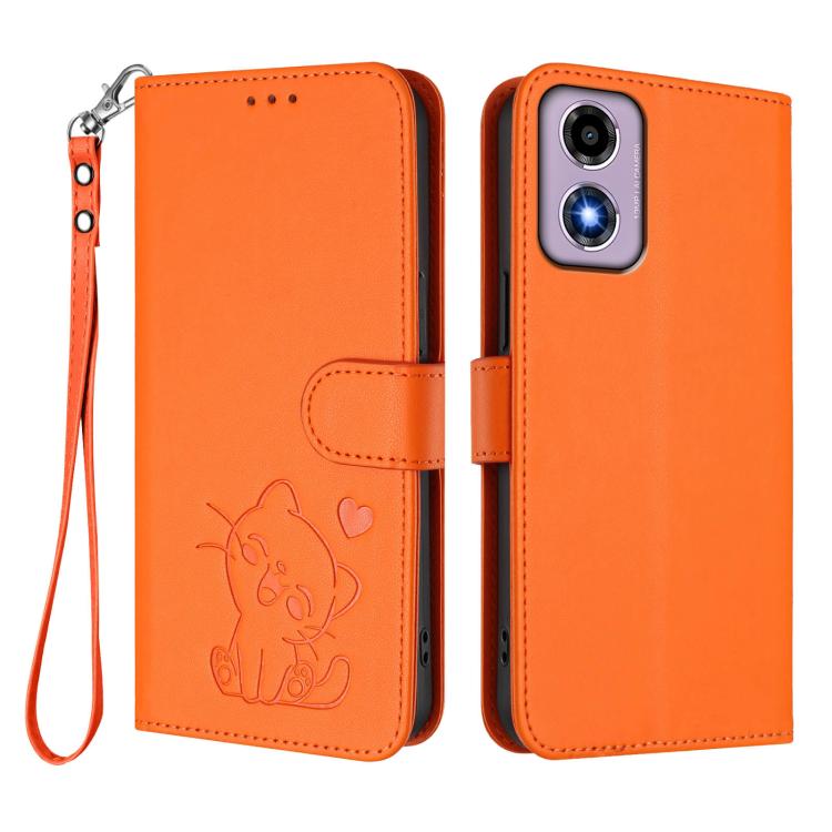For Motorola Moto E14 4G / G04 4G Embossed Heart Cat Leather Phone Case with Hand Strap
