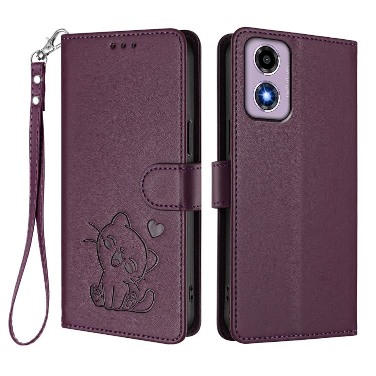 For Motorola Moto E14 4G / G04 4G Embossed Heart Cat Leather Phone Case with Hand Strap