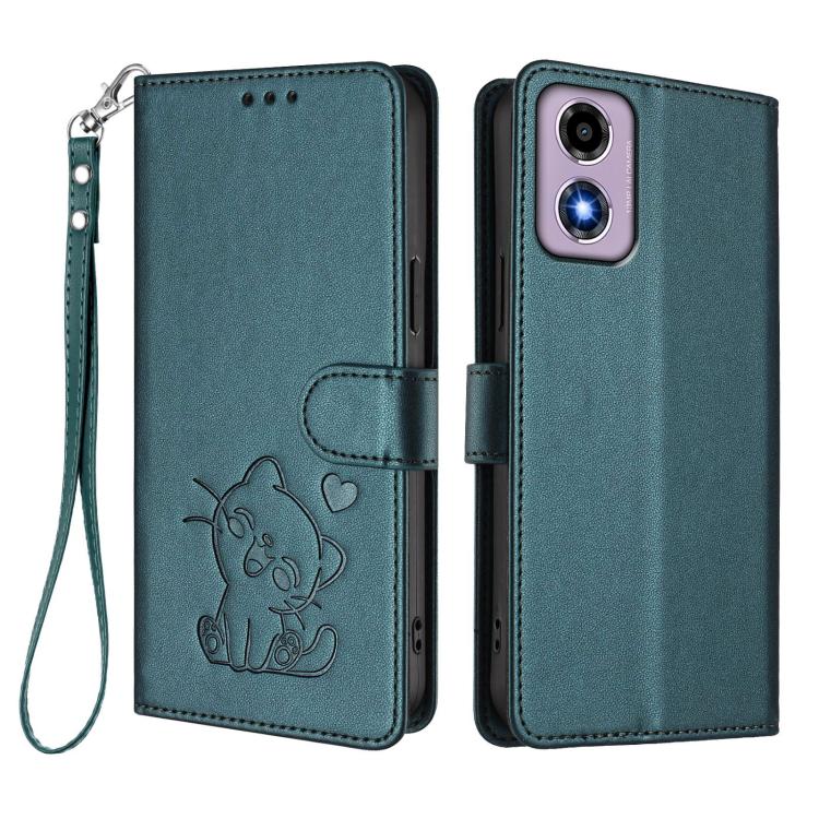 For Motorola Moto E14 4G / G04 4G Embossed Heart Cat Leather Phone Case with Hand Strap