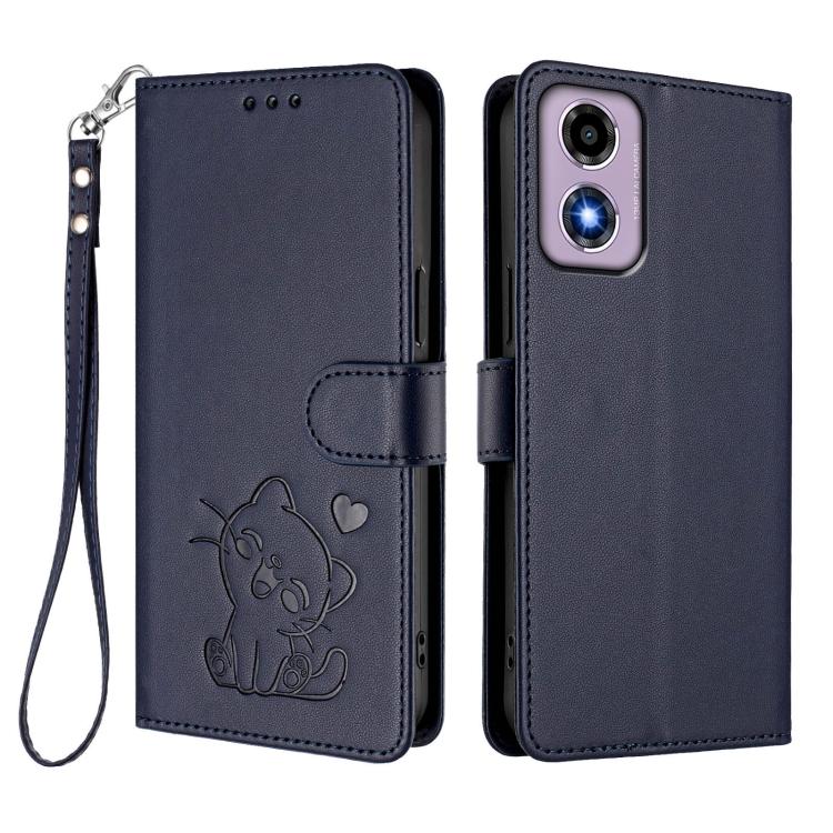 For Motorola Moto E14 4G / G04 4G Embossed Heart Cat Leather Phone Case with Hand Strap