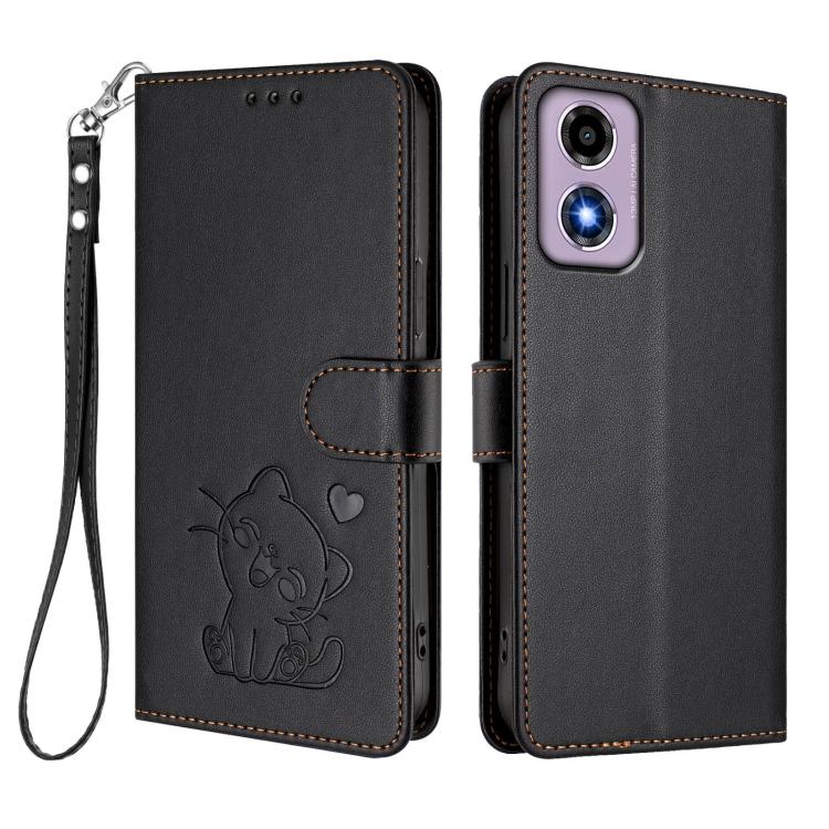 For Motorola Moto E14 4G / G04 4G Embossed Heart Cat Leather Phone Case with Hand Strap