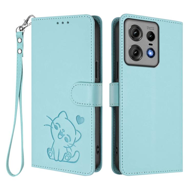 For Motorola Edge 50 Pro 5G Embossed Heart Cat Leather Phone Case with Hand Strap