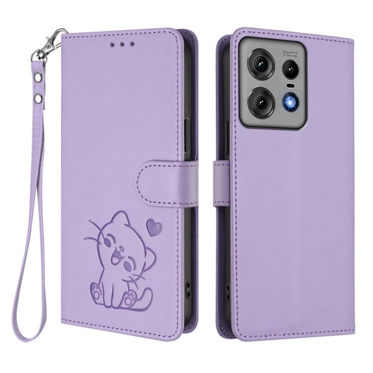 For Motorola Edge 50 Pro 5G Embossed Heart Cat Leather Phone Case with Hand Strap