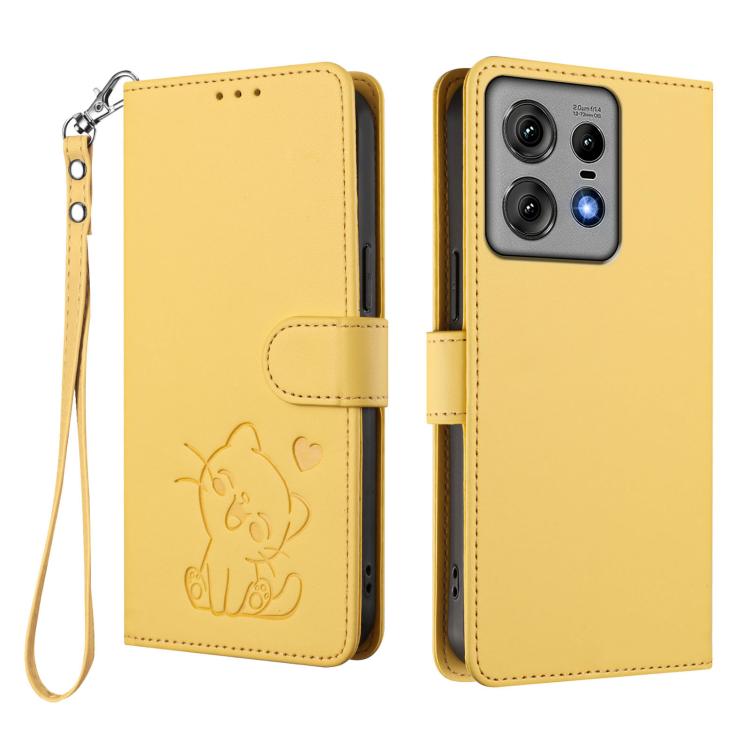 For Motorola Edge 50 Pro 5G Embossed Heart Cat Leather Phone Case with Hand Strap