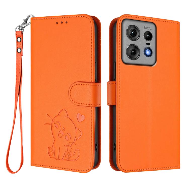 For Motorola Edge 50 Pro 5G Embossed Heart Cat Leather Phone Case with Hand Strap