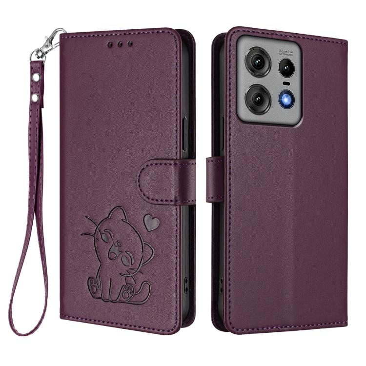 For Motorola Edge 50 Pro 5G Embossed Heart Cat Leather Phone Case with Hand Strap