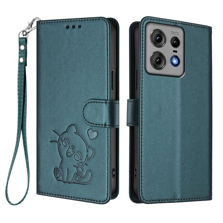 For Motorola Edge 50 Pro 5G Embossed Heart Cat Leather Phone Case with Hand Strap