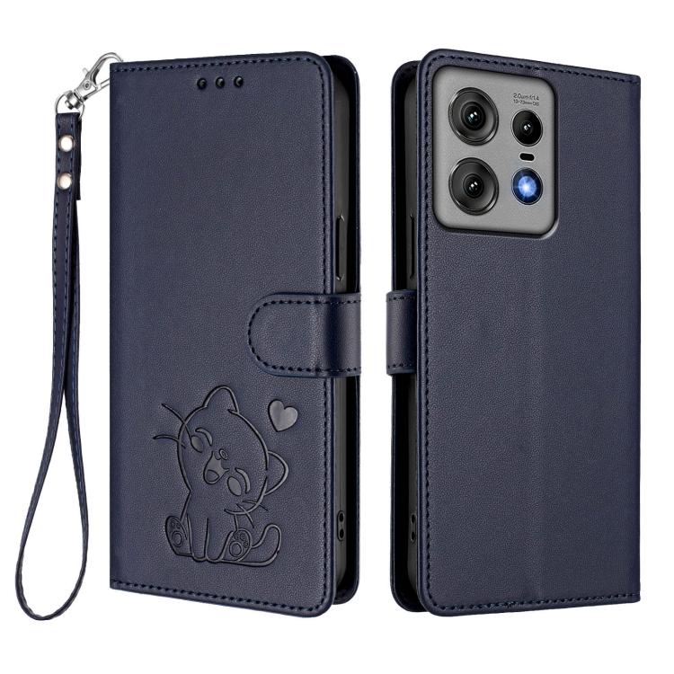 For Motorola Edge 50 Pro 5G Embossed Heart Cat Leather Phone Case with Hand Strap