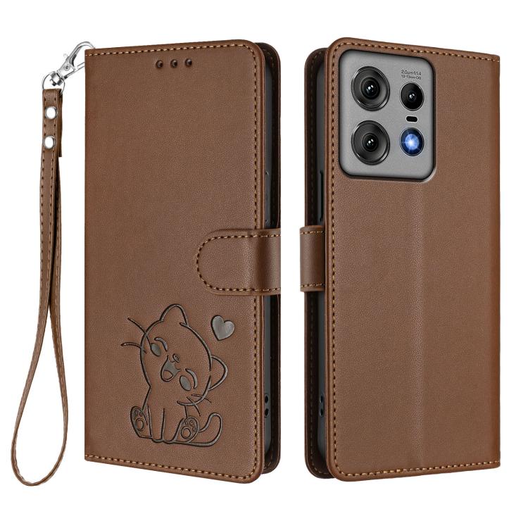 For Motorola Edge 50 Pro 5G Embossed Heart Cat Leather Phone Case with Hand Strap