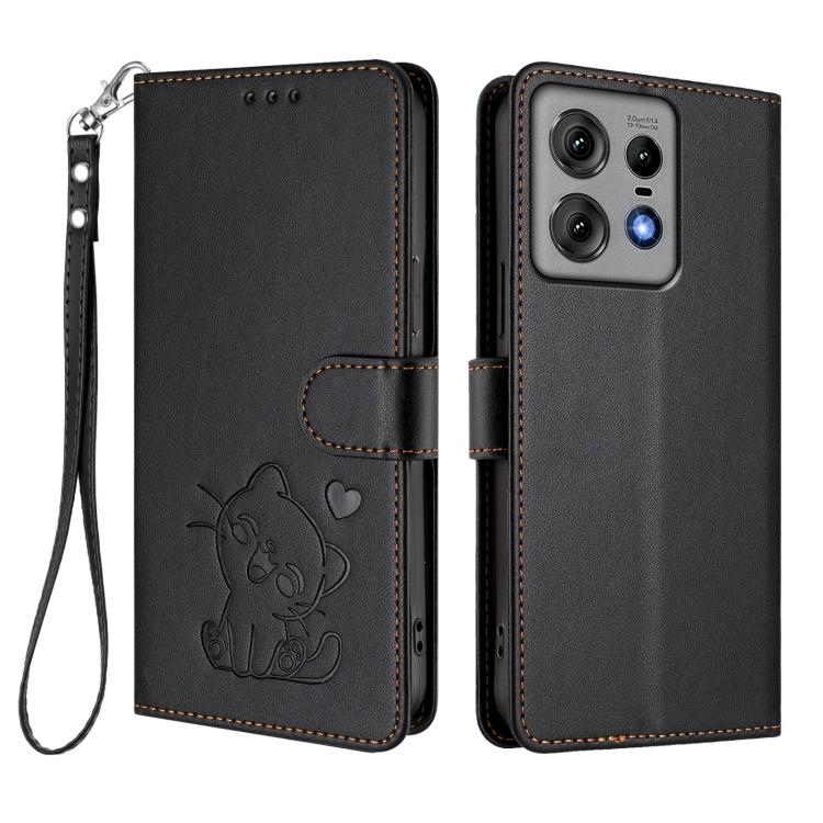 For Motorola Edge 50 Pro 5G Embossed Heart Cat Leather Phone Case with Hand Strap