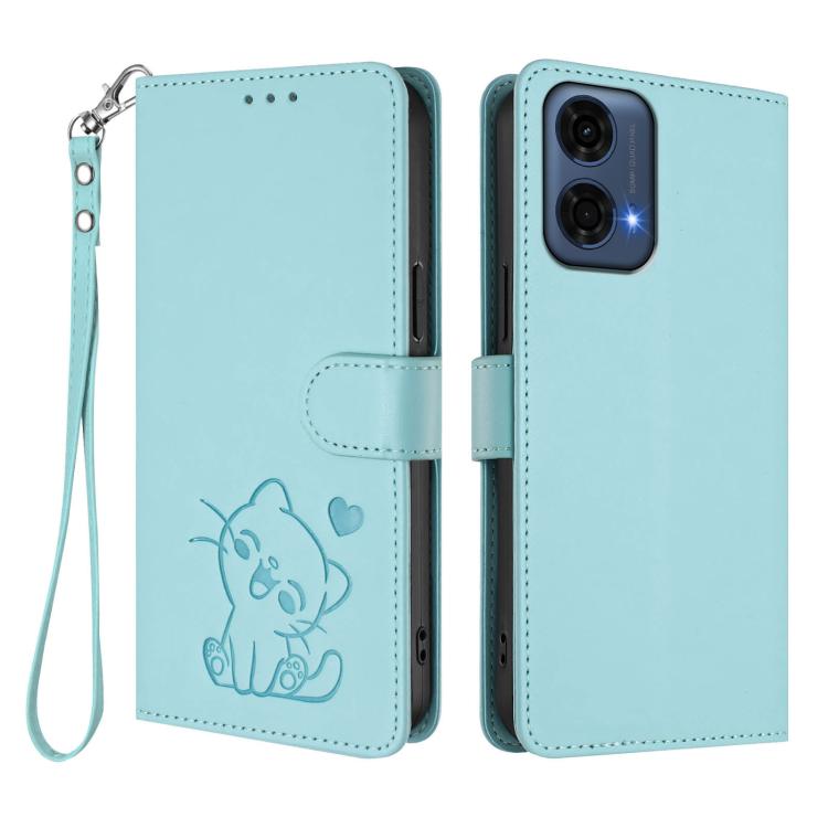 For Motorola Moto G24 Power 4G India Embossed Heart Cat Leather Phone Case with Hand Strap