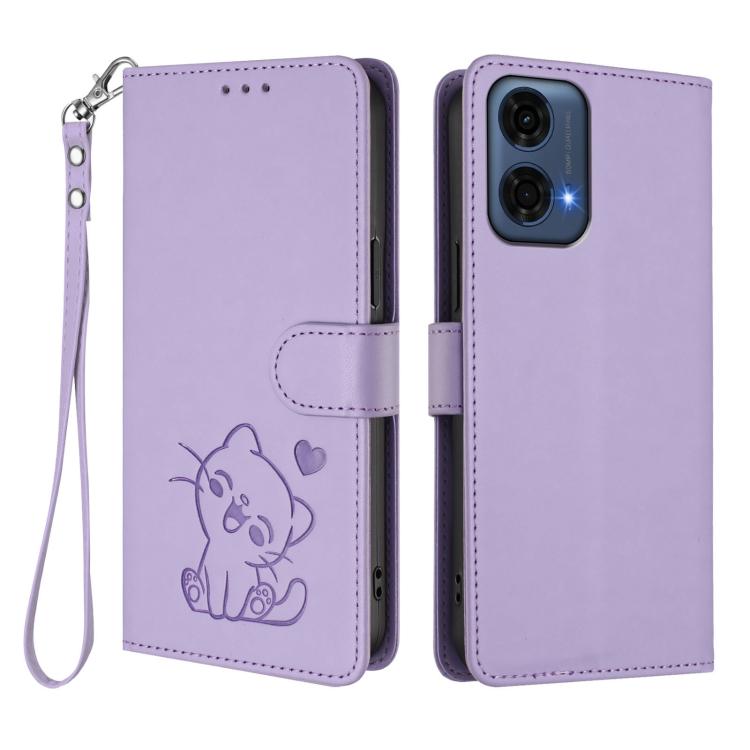 For Motorola Moto G24 Power 4G India Embossed Heart Cat Leather Phone Case with Hand Strap