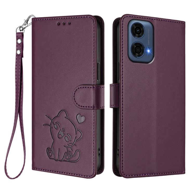 For Motorola Moto G24 Power 4G India Embossed Heart Cat Leather Phone Case with Hand Strap