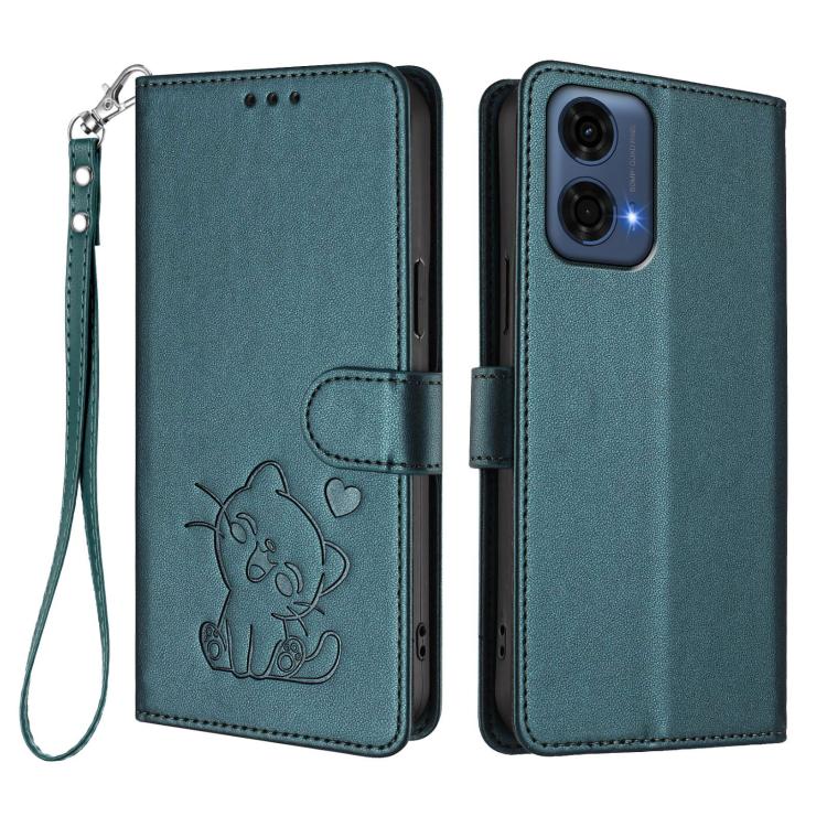 For Motorola Moto G24 Power 4G India Embossed Heart Cat Leather Phone Case with Hand Strap