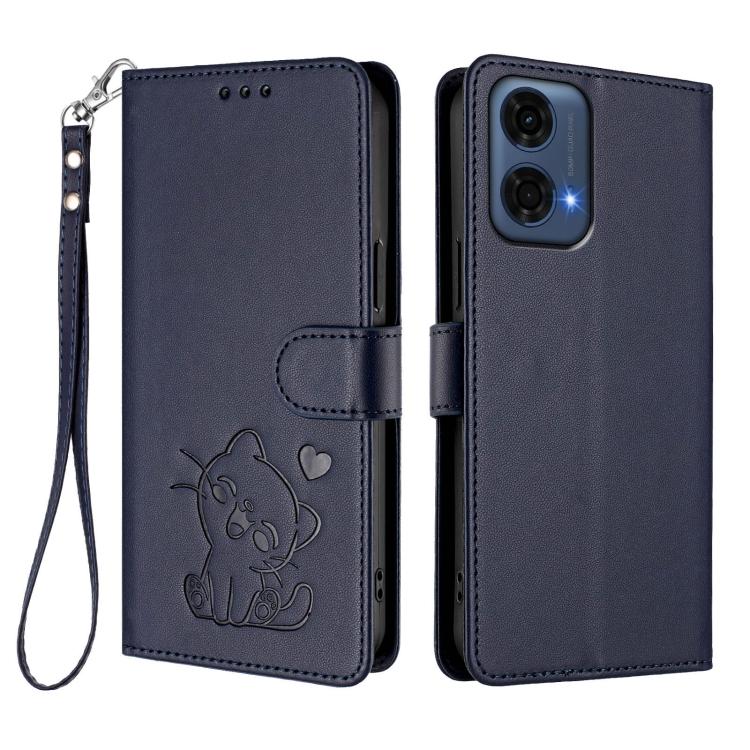For Motorola Moto G24 Power 4G India Embossed Heart Cat Leather Phone Case with Hand Strap