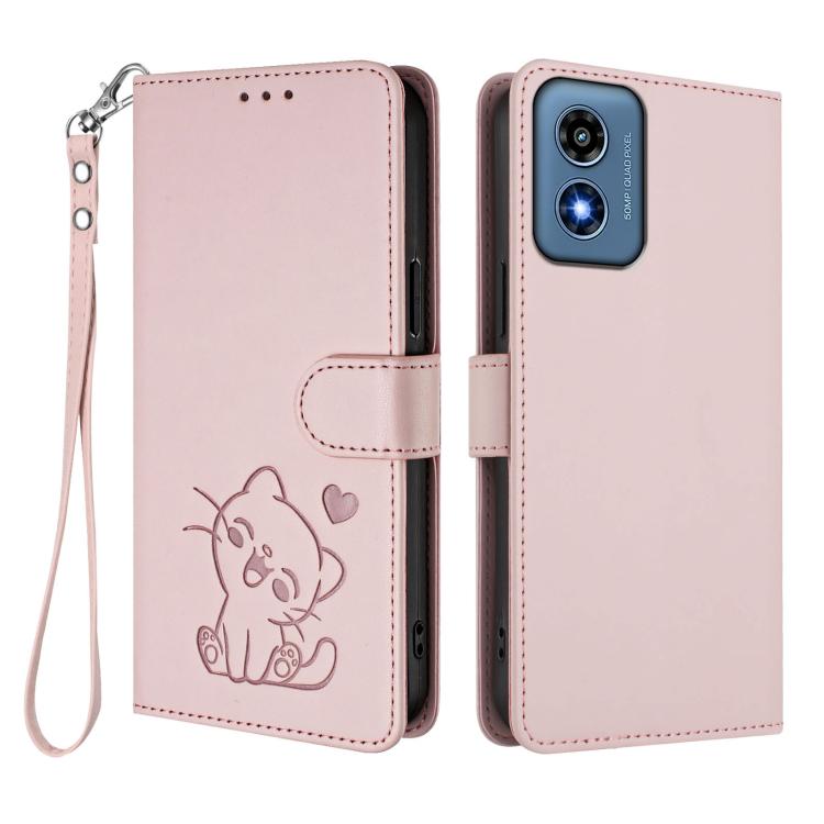 For Motorola Moto G Play 4G 2024 Embossed Heart Cat Leather Phone Case with Hand Strap