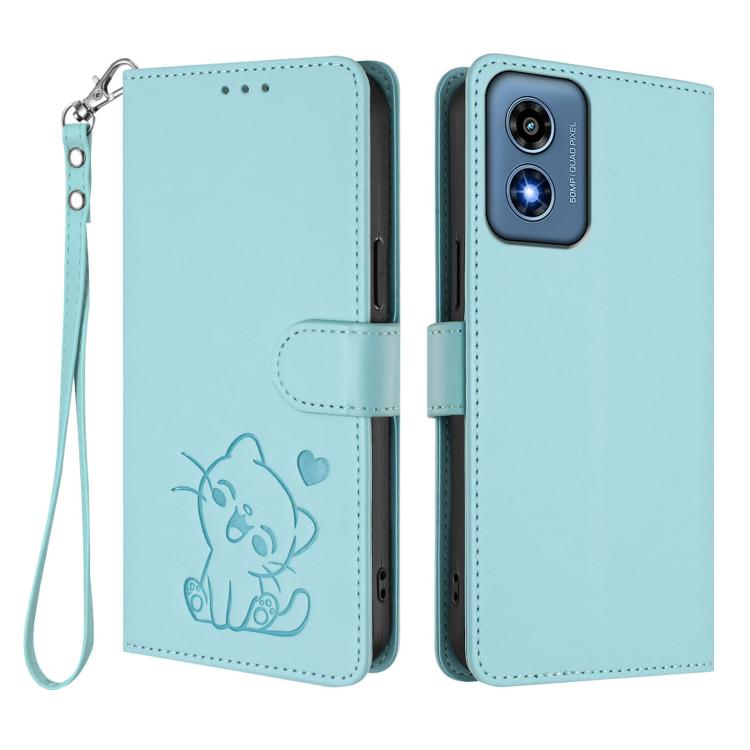 For Motorola Moto G Play 4G 2024 Embossed Heart Cat Leather Phone Case with Hand Strap