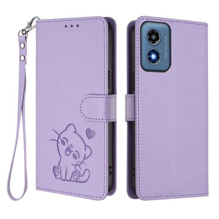 For Motorola Moto G Play 4G 2024 Embossed Heart Cat Leather Phone Case with Hand Strap