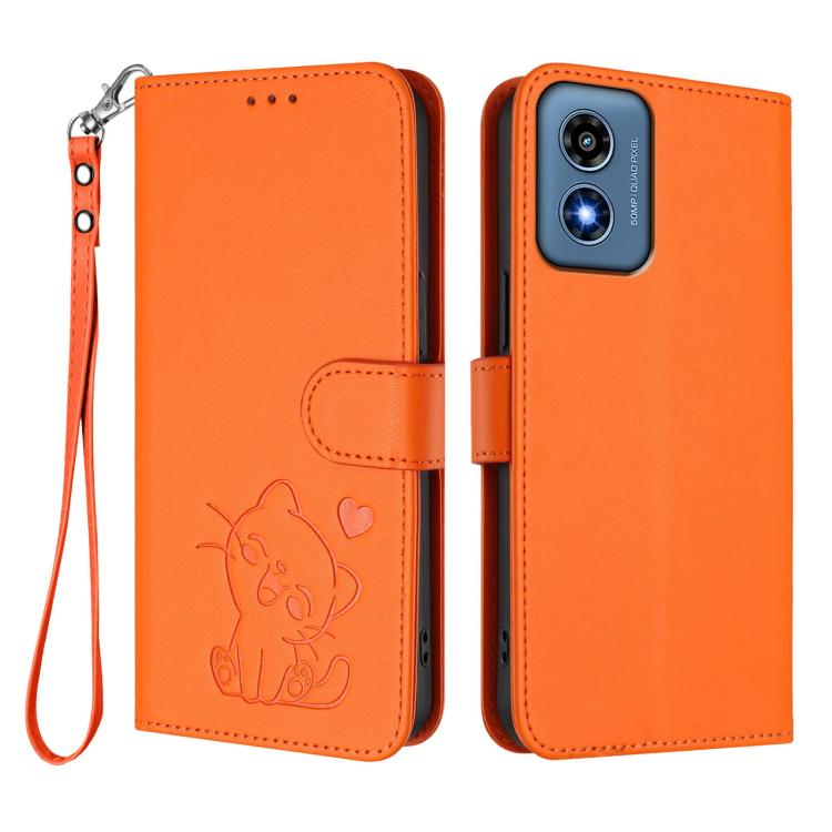 For Motorola Moto G Play 4G 2024 Embossed Heart Cat Leather Phone Case with Hand Strap