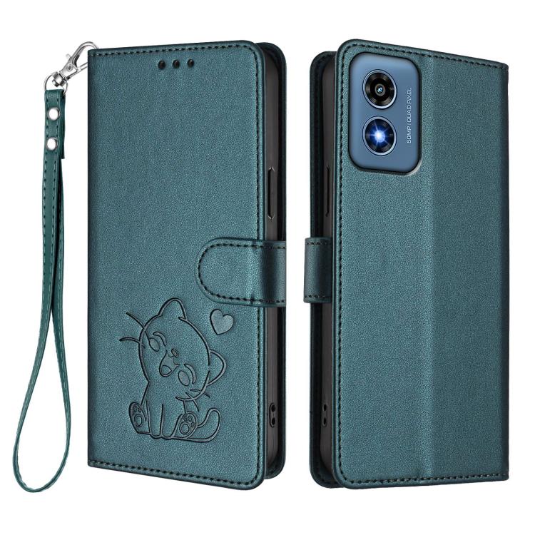 For Motorola Moto G Play 4G 2024 Embossed Heart Cat Leather Phone Case with Hand Strap