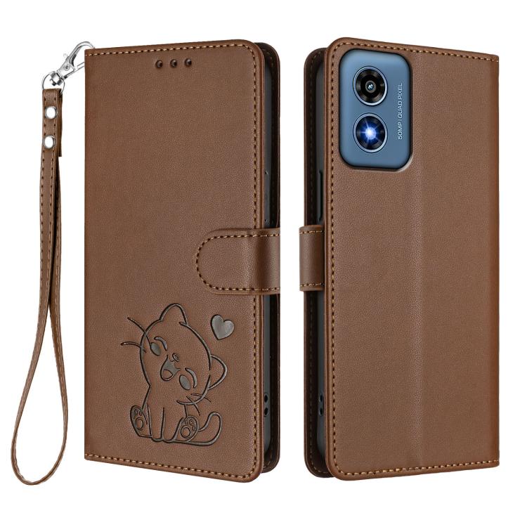 For Motorola Moto G Play 4G 2024 Embossed Heart Cat Leather Phone Case with Hand Strap
