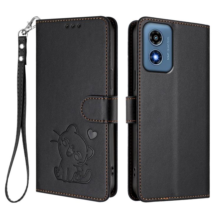 For Motorola Moto G Play 4G 2024 Embossed Heart Cat Leather Phone Case with Hand Strap