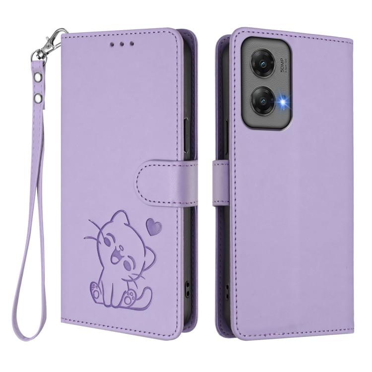 For Motorola Moto G Stylus 5G 2024 Embossed Heart Cat Leather Phone Case with Hand Strap