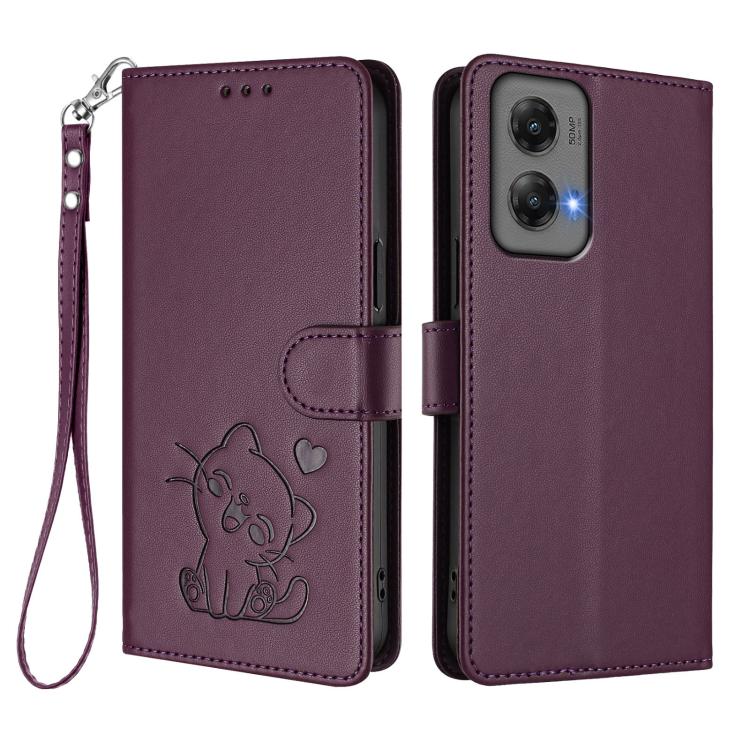 For Motorola Moto G Stylus 5G 2024 Embossed Heart Cat Leather Phone Case with Hand Strap
