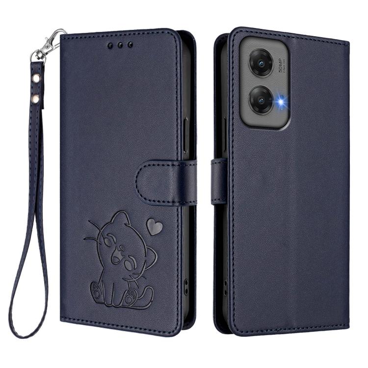 For Motorola Moto G Stylus 5G 2024 Embossed Heart Cat Leather Phone Case with Hand Strap