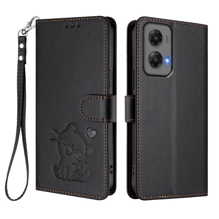 For Motorola Moto G Stylus 5G 2024 Embossed Heart Cat Leather Phone Case with Hand Strap