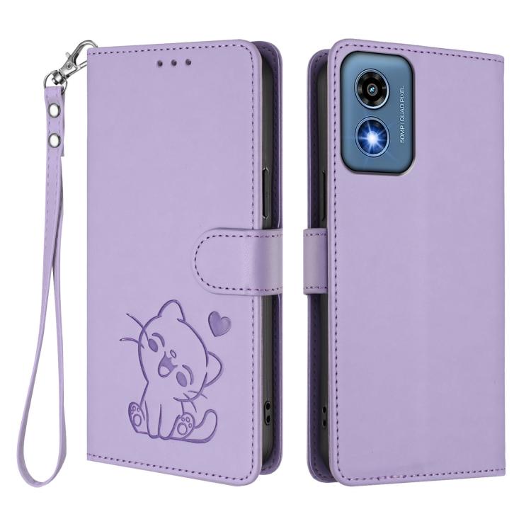 For Motorola Moto G Play 5G 2024 Embossed Heart Cat Leather Phone Case with Hand Strap