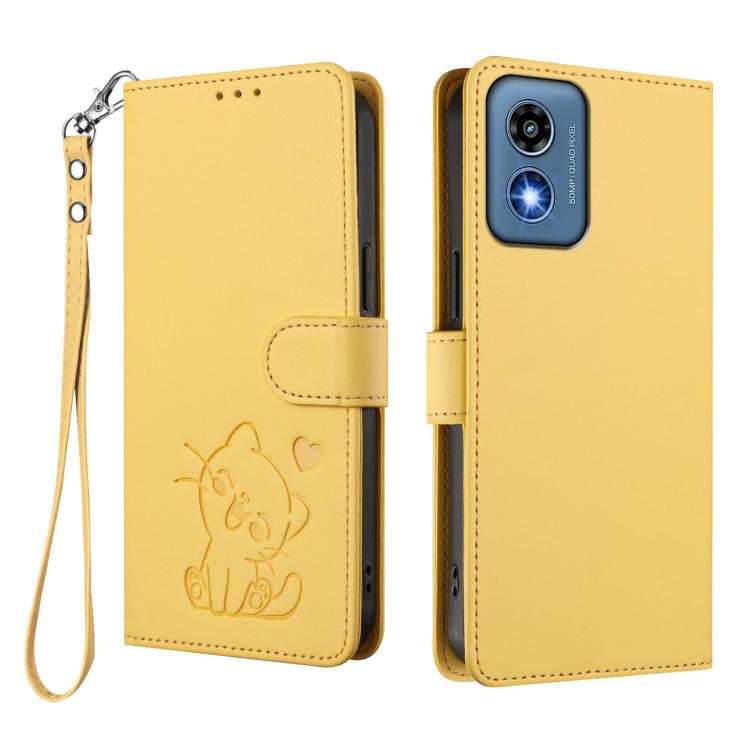 For Motorola Moto G Play 5G 2024 Embossed Heart Cat Leather Phone Case with Hand Strap