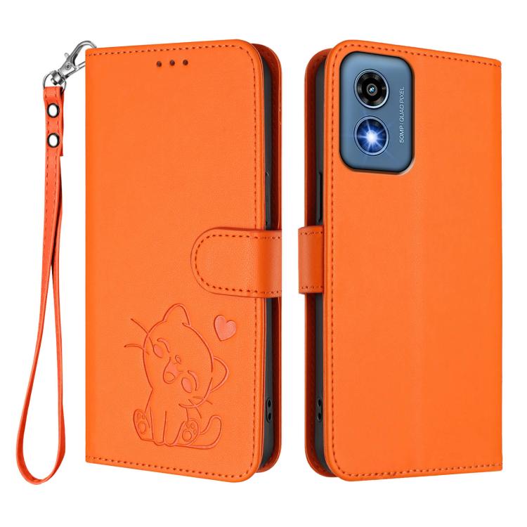 For Motorola Moto G Play 5G 2024 Embossed Heart Cat Leather Phone Case with Hand Strap