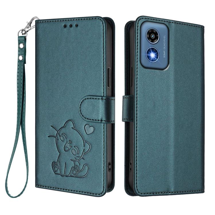 For Motorola Moto G Play 5G 2024 Embossed Heart Cat Leather Phone Case with Hand Strap