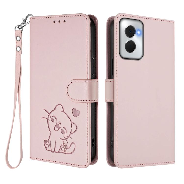 For Motorola Moto G Power 2024 Embossed Heart Cat Leather Phone Case with Hand Strap