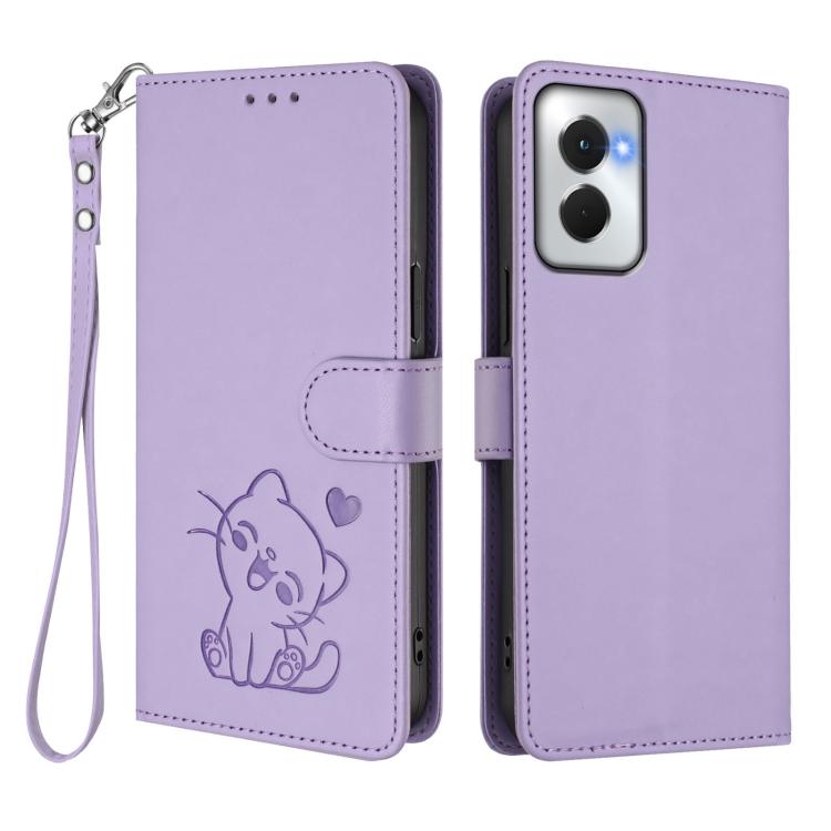 For Motorola Moto G Power 2024 Embossed Heart Cat Leather Phone Case with Hand Strap
