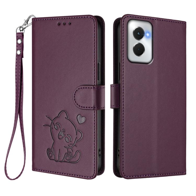 For Motorola Moto G Power 2024 Embossed Heart Cat Leather Phone Case with Hand Strap